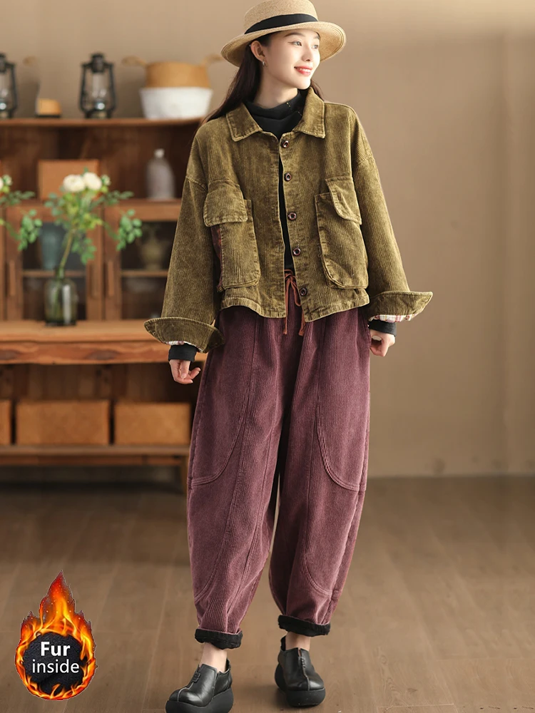 Amax luluE Winter Fashion Corduroy Pants Womens Leisure Loose Vintage Fur Harem Trousers Ladies Classic Luxury Elegant Clothes
