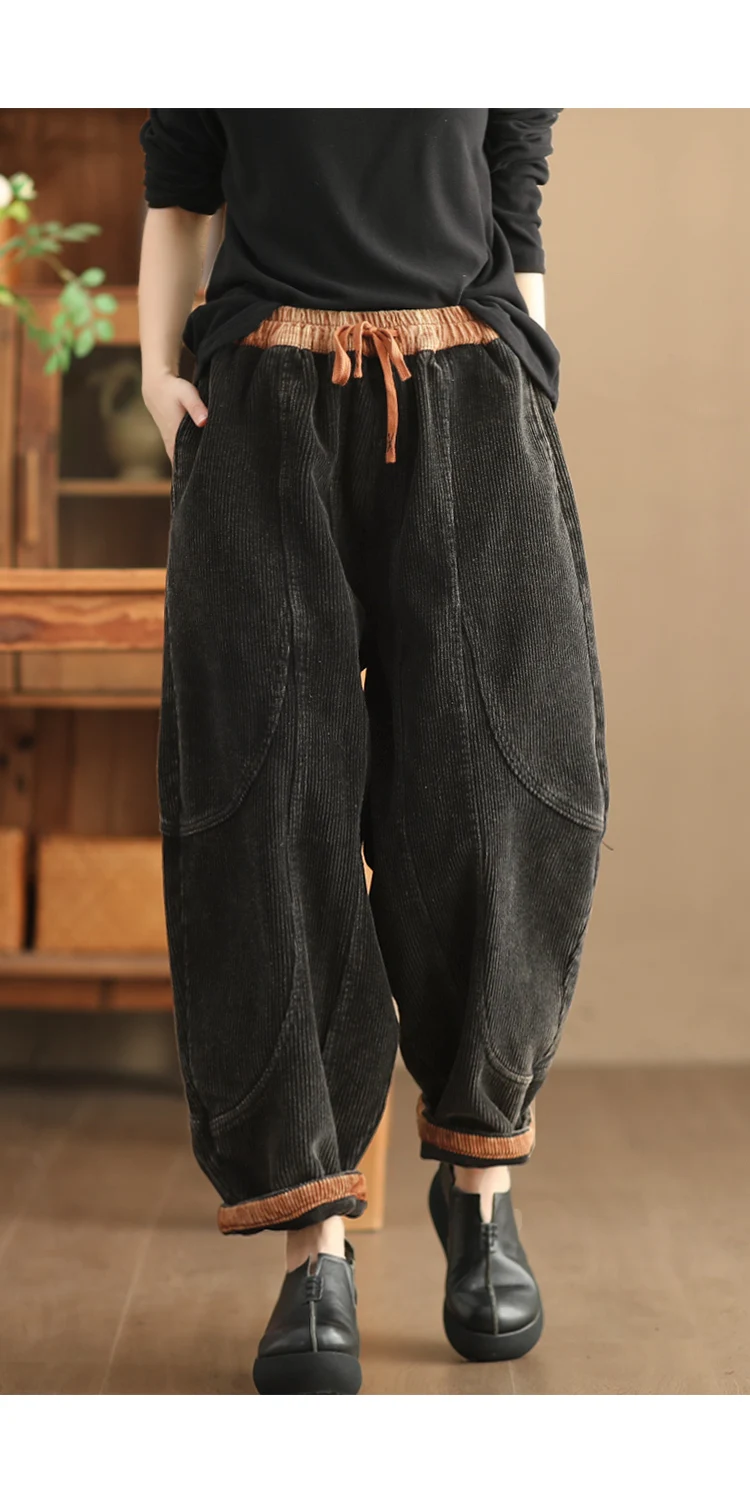 Amax luluE Winter Fashion Corduroy Pants Womens Leisure Loose Vintage Fur Harem Trousers Ladies Classic Luxury Elegant Clothes