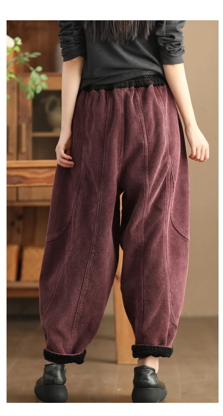 Amax luluE Winter Fashion Corduroy Pants Womens Leisure Loose Vintage Fur Harem Trousers Ladies Classic Luxury Elegant Clothes