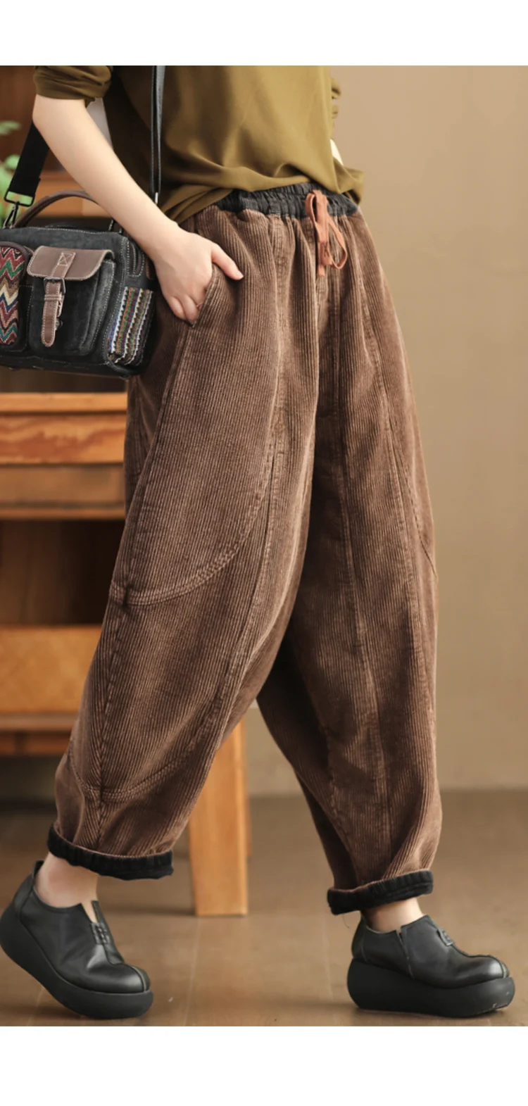 Amax luluE Winter Fashion Corduroy Pants Womens Leisure Loose Vintage Fur Harem Trousers Ladies Classic Luxury Elegant Clothes