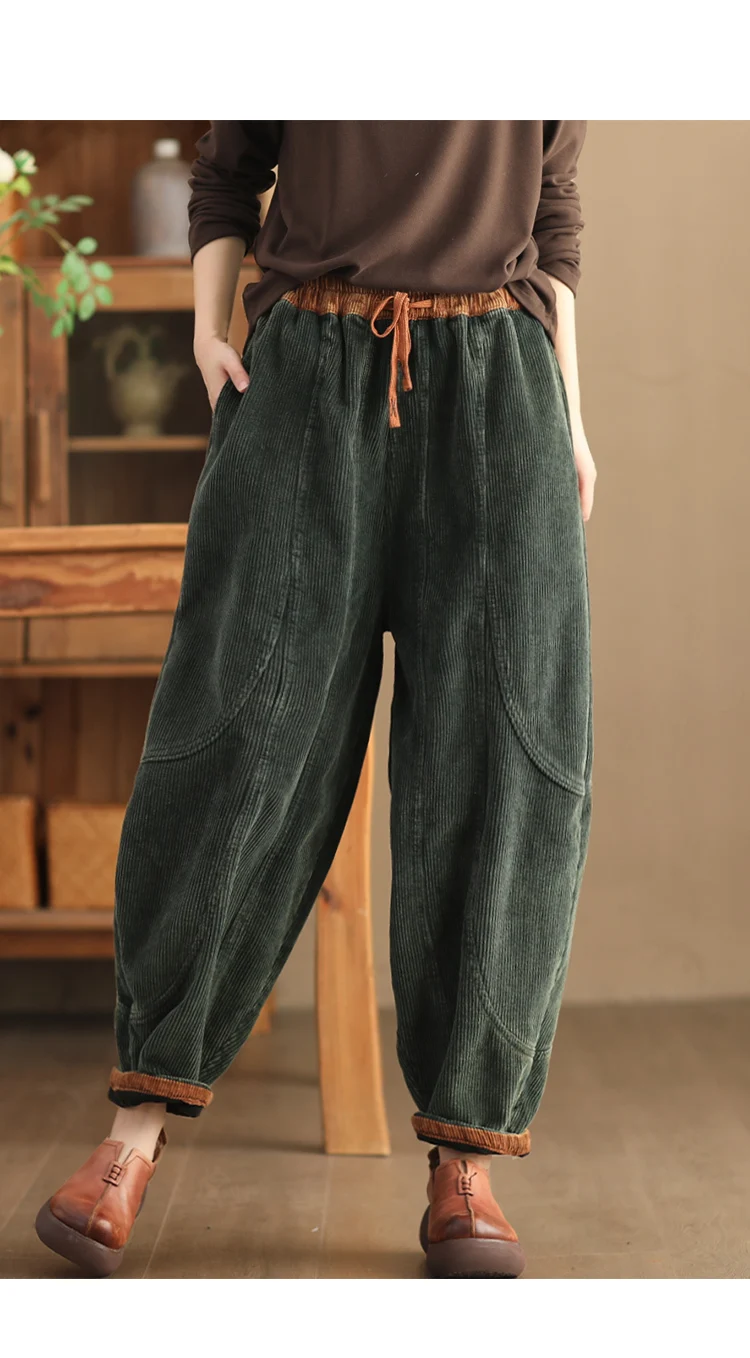 Amax luluE Winter Fashion Corduroy Pants Womens Leisure Loose Vintage Fur Harem Trousers Ladies Classic Luxury Elegant Clothes