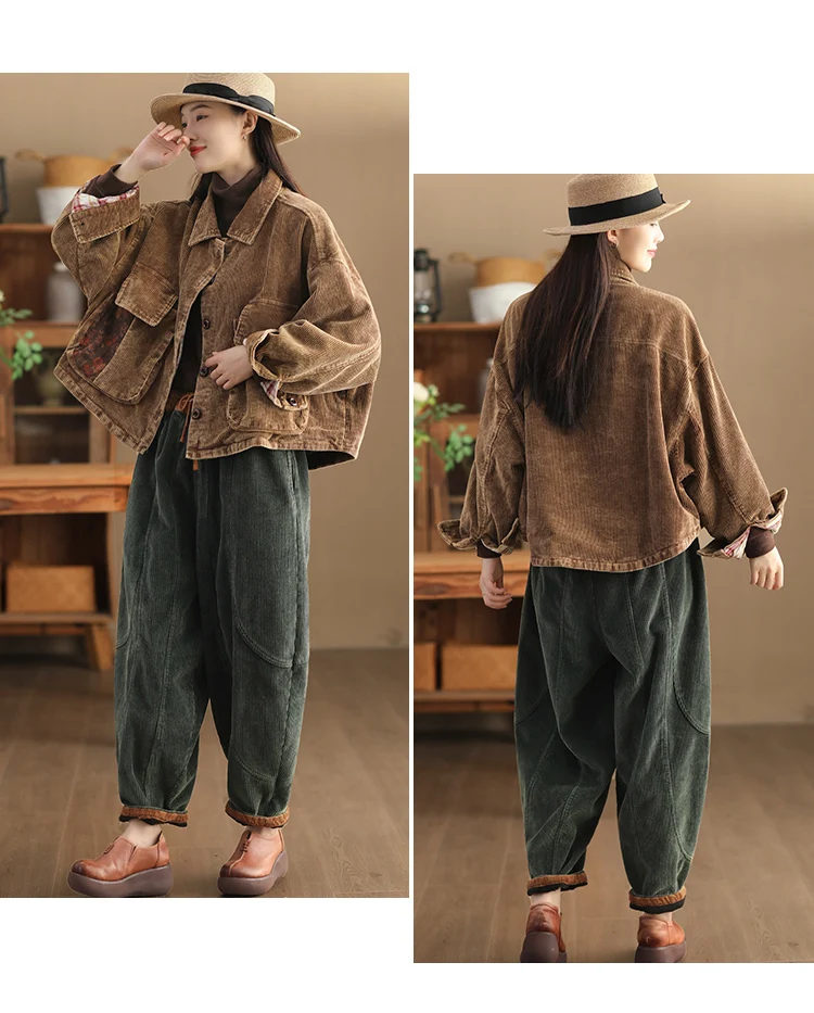 Amax luluE Winter Fashion Corduroy Pants Womens Leisure Loose Vintage Fur Harem Trousers Ladies Classic Luxury Elegant Clothes