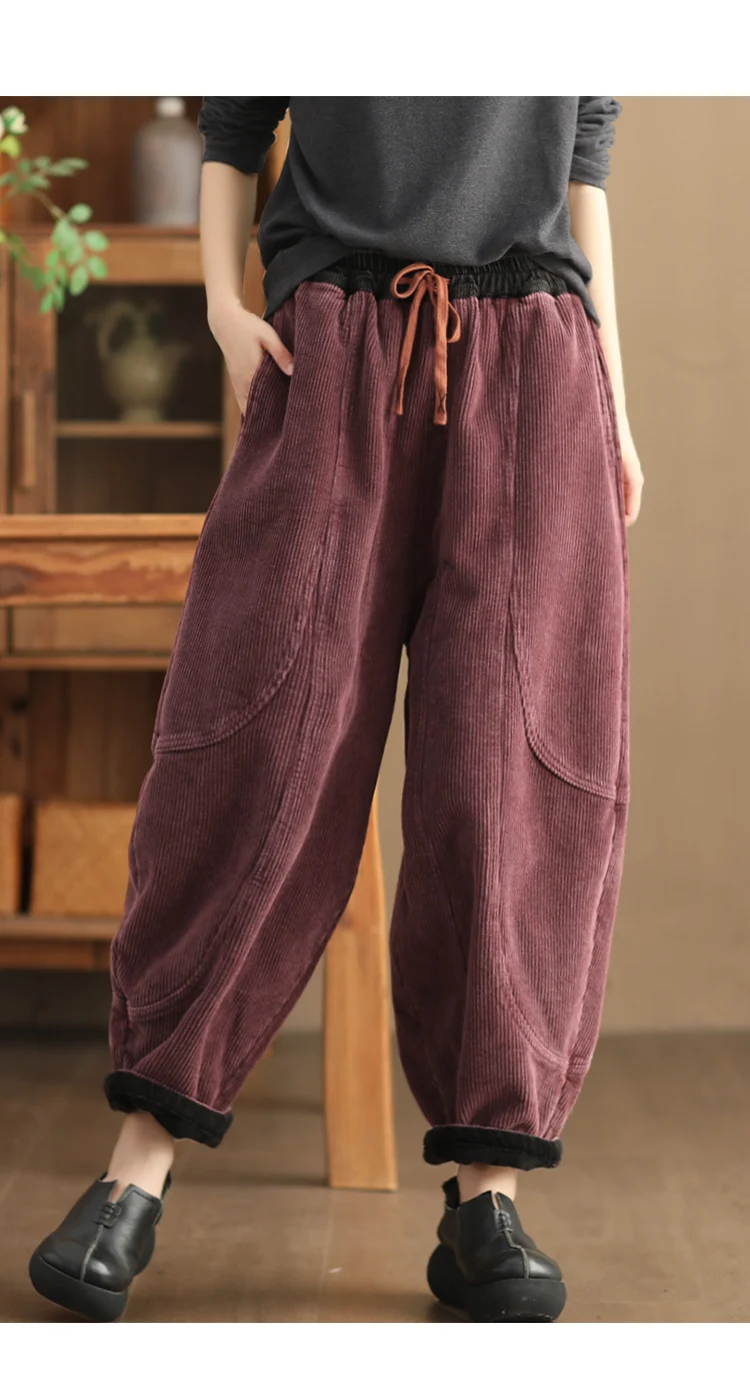 Amax luluE Winter Fashion Corduroy Pants Womens Leisure Loose Vintage Fur Harem Trousers Ladies Classic Luxury Elegant Clothes