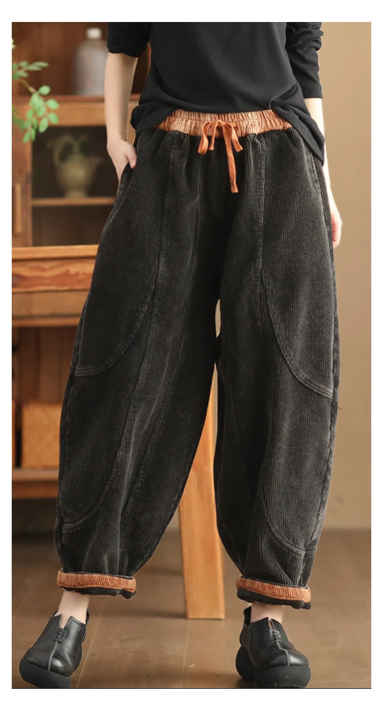 Amax luluE Winter Fashion Corduroy Pants Womens Leisure Loose Vintage Fur Harem Trousers Ladies Classic Luxury Elegant Clothes