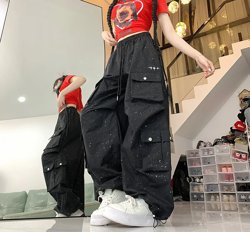 Glitter Streetwear Cargo Pant Women Hip Hop Pockets Harajuku Black Trousers American Casual Bf High Waist Retro Loose Y2K Pants