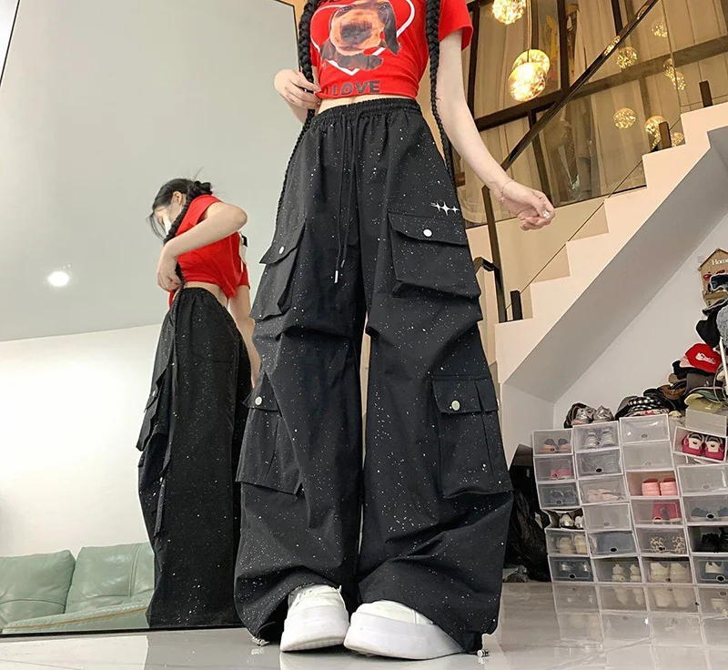 Glitter Streetwear Cargo Pant Women Hip Hop Pockets Harajuku Black Trousers American Casual Bf High Waist Retro Loose Y2K Pants