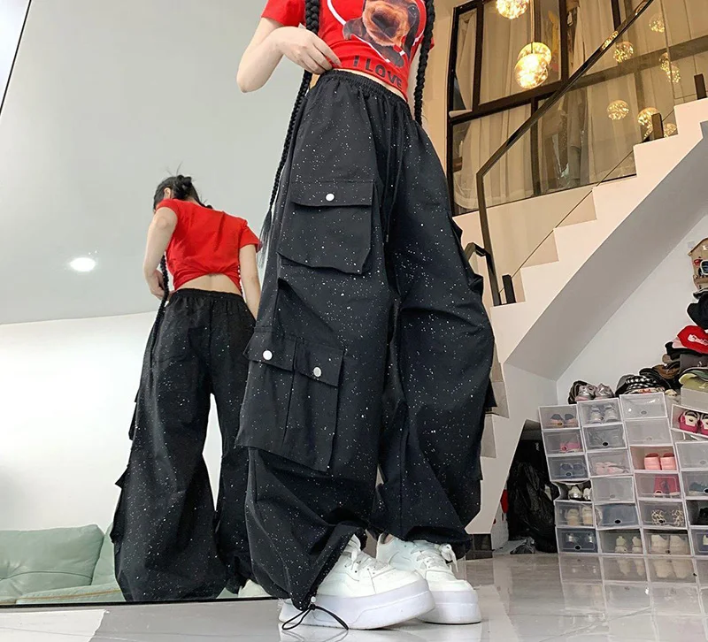 Glitter Streetwear Cargo Pant Women Hip Hop Pockets Harajuku Black Trousers American Casual Bf High Waist Retro Loose Y2K Pants