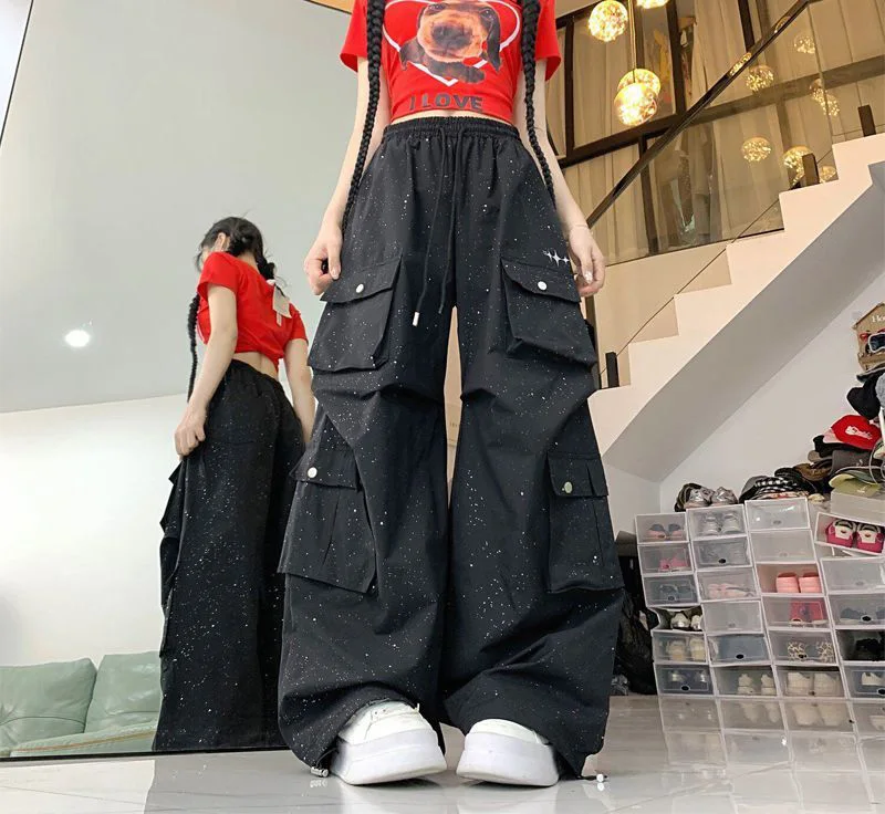 Glitter Streetwear Cargo Pant Women Hip Hop Pockets Harajuku Black Trousers American Casual Bf High Waist Retro Loose Y2K Pants