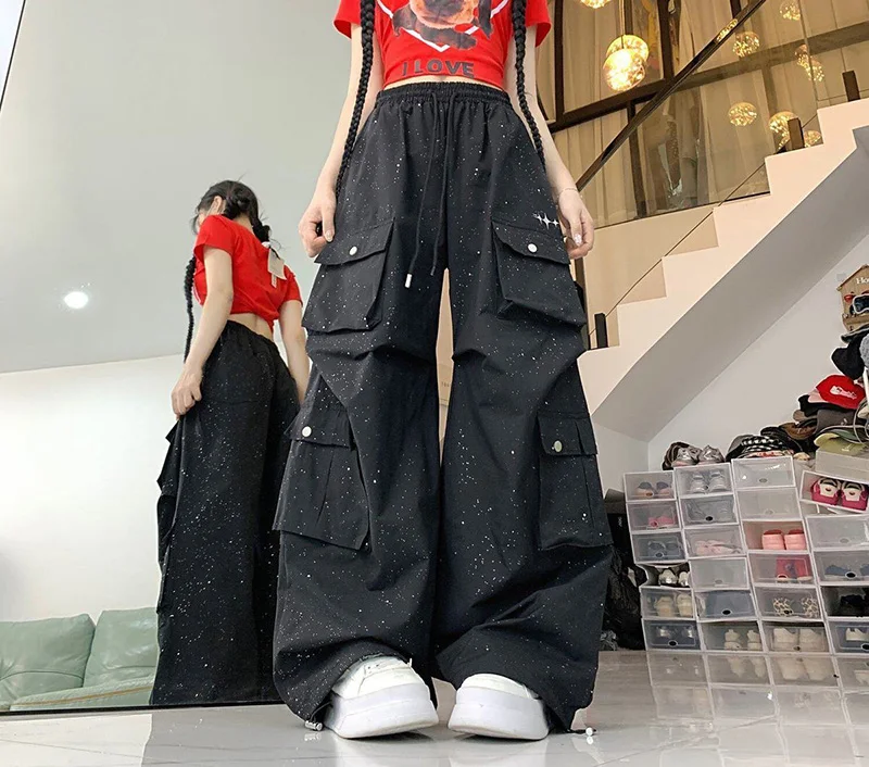 Glitter Streetwear Cargo Pant Women Hip Hop Pockets Harajuku Black Trousers American Casual Bf High Waist Retro Loose Y2K Pants