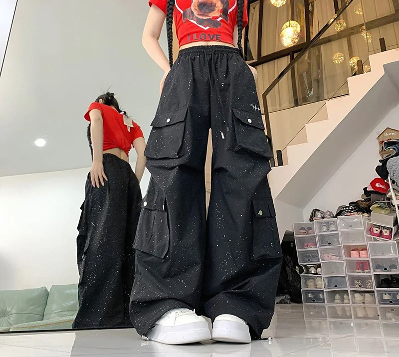 Glitter Streetwear Cargo Pant Women Hip Hop Pockets Harajuku Black Trousers American Casual Bf High Waist Retro Loose Y2K Pants