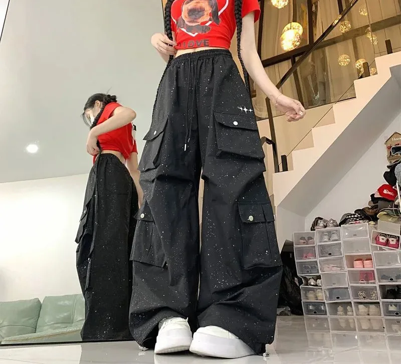 Glitter Streetwear Cargo Pant Women Hip Hop Pockets Harajuku Black Trousers American Casual Bf High Waist Retro Loose Y2K Pants