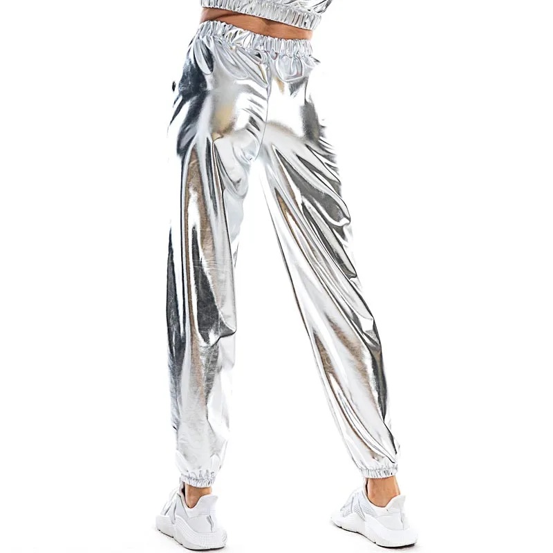 Women Shiny Holographic Pants Loose High Waist Metallic Trousers Dance Performance Hip Hop Pants Streetwear Joggers