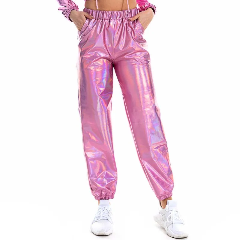 Women Shiny Holographic Pants Loose High Waist Metallic Trousers Dance Performance Hip Hop Pants Streetwear Joggers