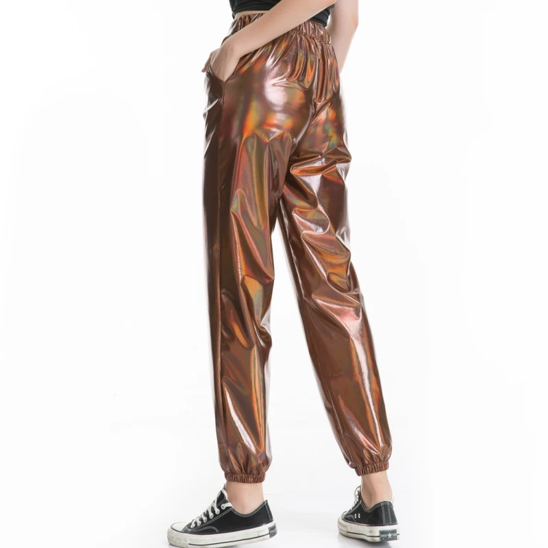 Women Shiny Holographic Pants Loose High Waist Metallic Trousers Dance Performance Hip Hop Pants Streetwear Joggers