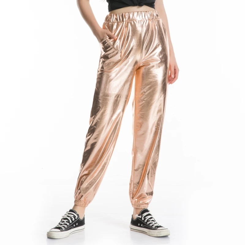 Women Shiny Holographic Pants Loose High Waist Metallic Trousers Dance Performance Hip Hop Pants Streetwear Joggers