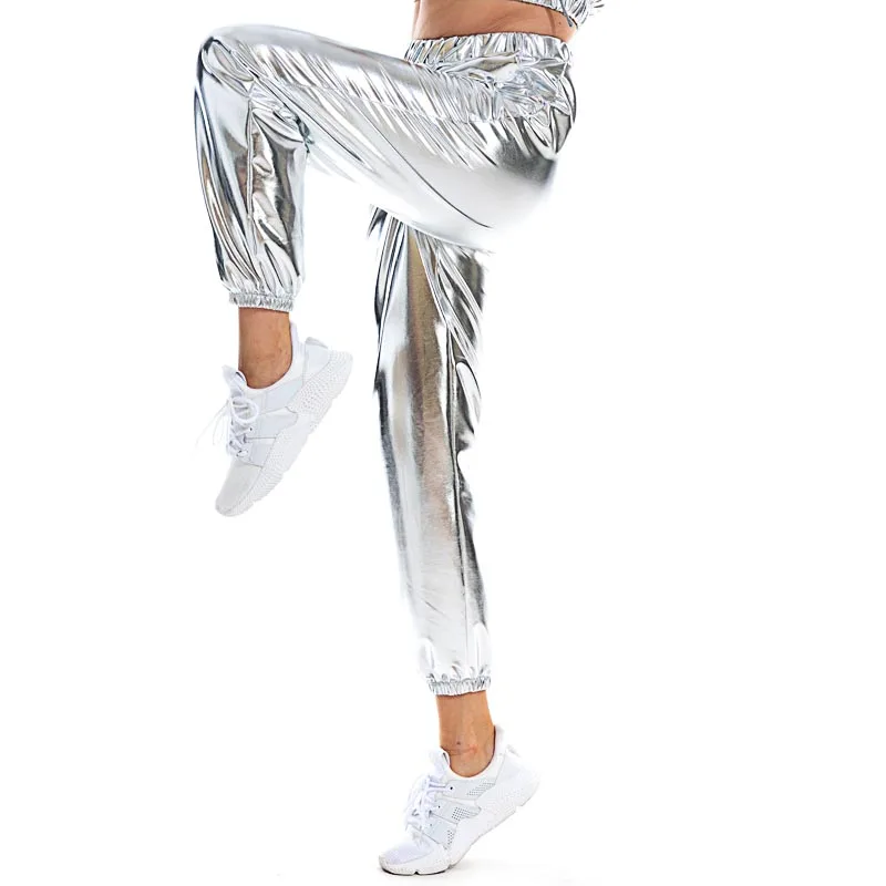 Women Shiny Holographic Pants Loose High Waist Metallic Trousers Dance Performance Hip Hop Pants Streetwear Joggers