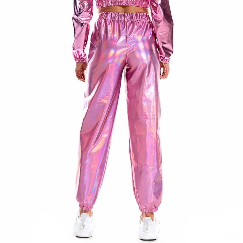 Women Shiny Holographic Pants Loose High Waist Metallic Trousers Dance Performance Hip Hop Pants Streetwear Joggers