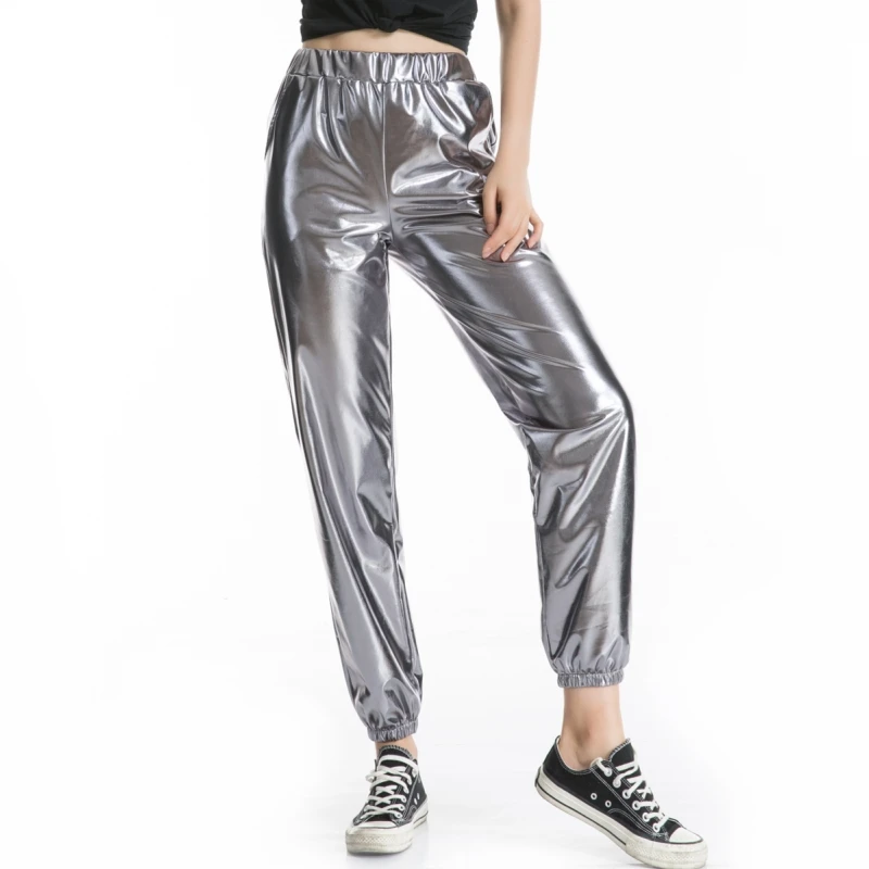 Women Shiny Holographic Pants Loose High Waist Metallic Trousers Dance Performance Hip Hop Pants Streetwear Joggers