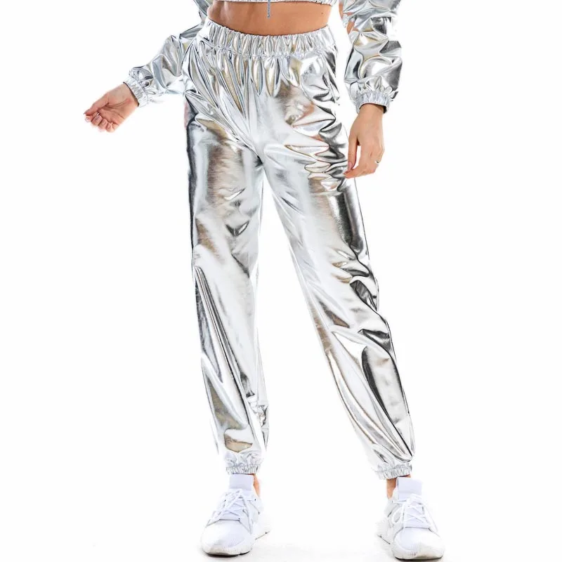 Women Shiny Holographic Pants Loose High Waist Metallic Trousers Dance Performance Hip Hop Pants Streetwear Joggers