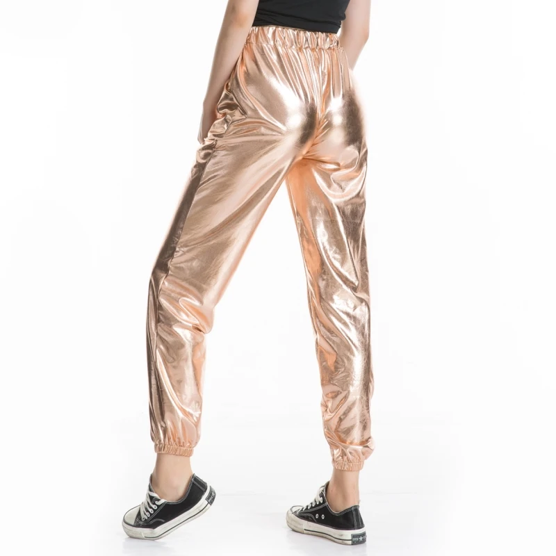 Women Shiny Holographic Pants Loose High Waist Metallic Trousers Dance Performance Hip Hop Pants Streetwear Joggers