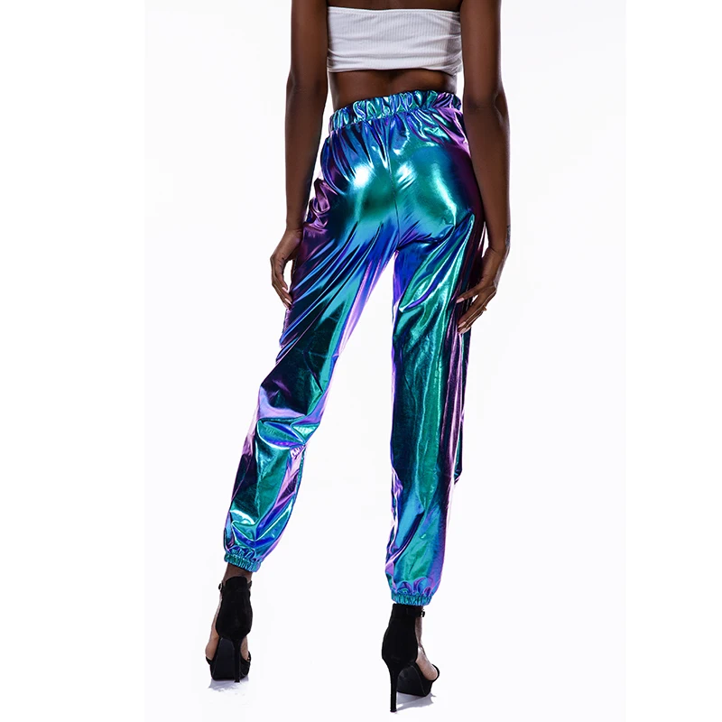 Women Shiny Holographic Pants Loose High Waist Metallic Trousers Dance Performance Hip Hop Pants Streetwear Joggers