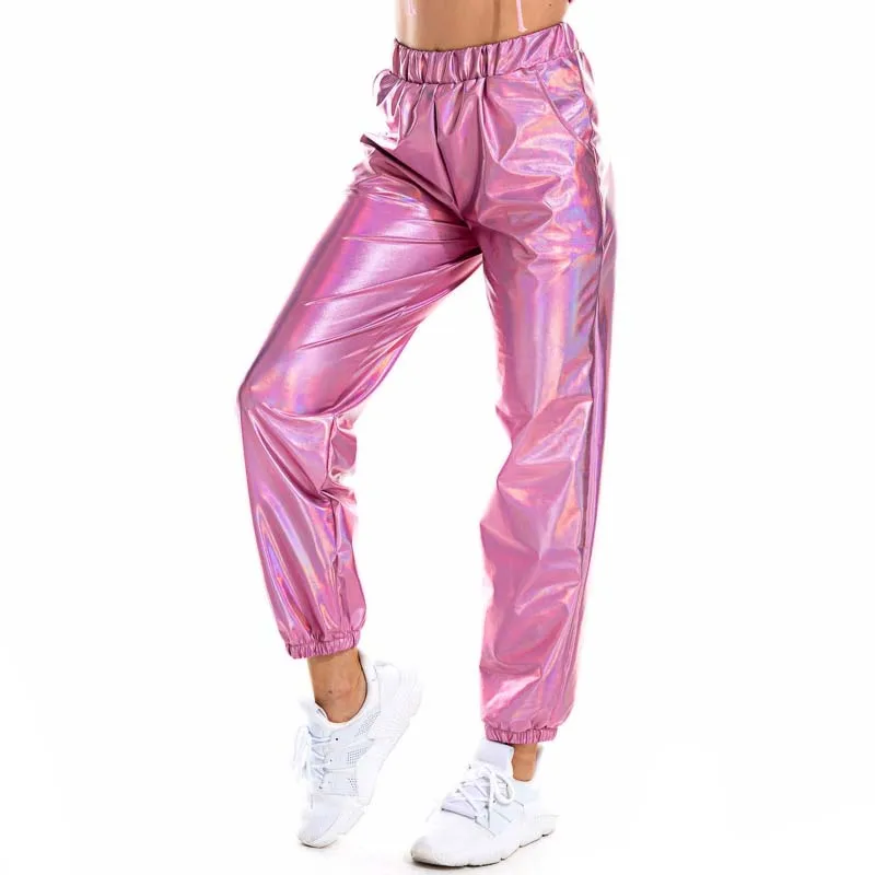 Women Shiny Holographic Pants Loose High Waist Metallic Trousers Dance Performance Hip Hop Pants Streetwear Joggers