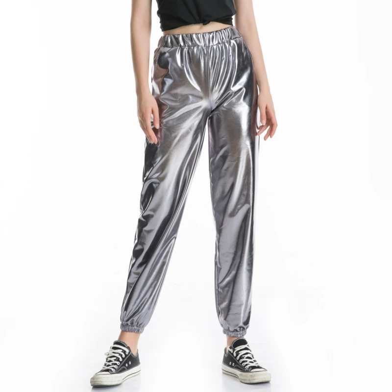 Women Shiny Holographic Pants Loose High Waist Metallic Trousers Dance Performance Hip Hop Pants Streetwear Joggers