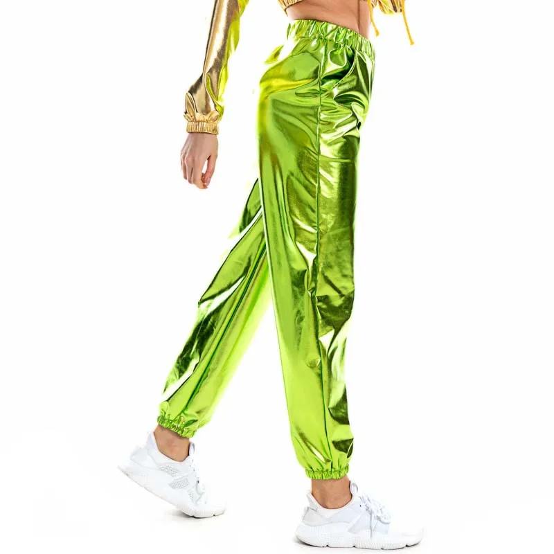Women Shiny Holographic Pants Loose High Waist Metallic Trousers Dance Performance Hip Hop Pants Streetwear Joggers