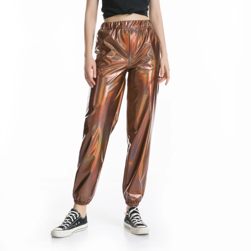 Women Shiny Holographic Pants Loose High Waist Metallic Trousers Dance Performance Hip Hop Pants Streetwear Joggers