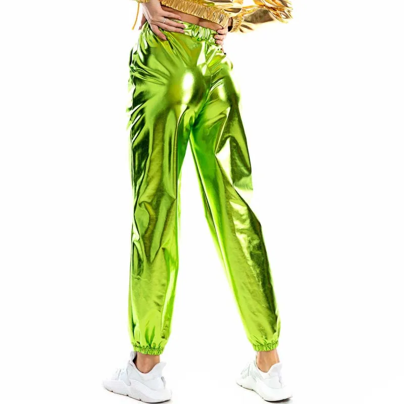 Women Shiny Holographic Pants Loose High Waist Metallic Trousers Dance Performance Hip Hop Pants Streetwear Joggers