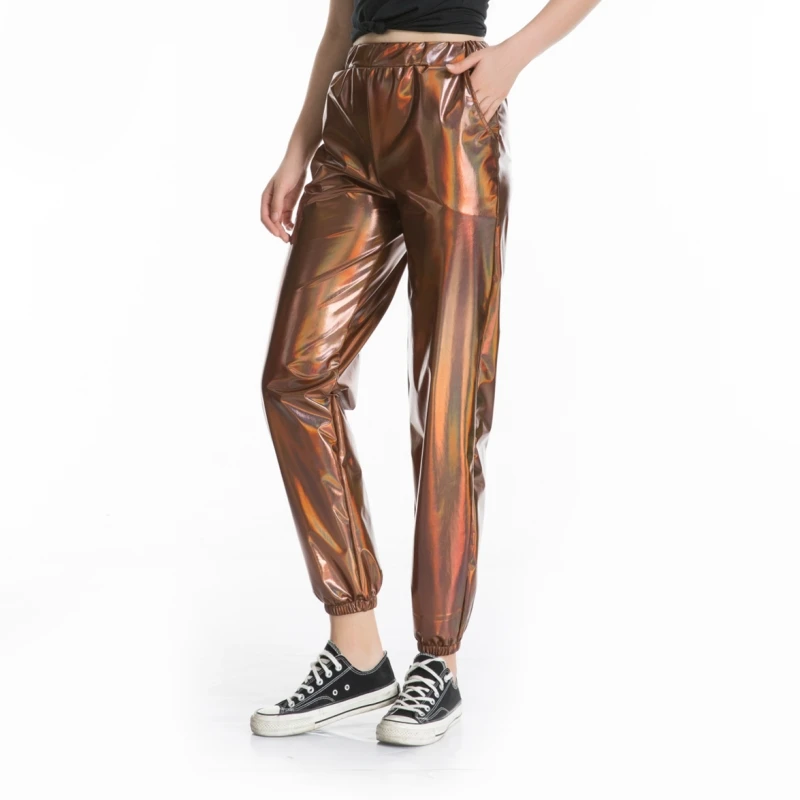 Women Shiny Holographic Pants Loose High Waist Metallic Trousers Dance Performance Hip Hop Pants Streetwear Joggers