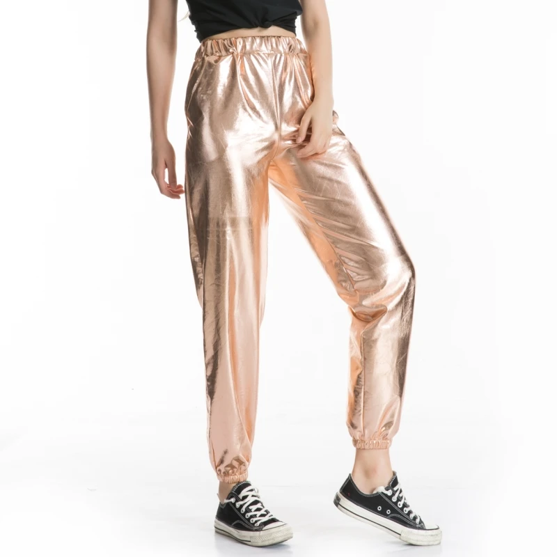 Women Shiny Holographic Pants Loose High Waist Metallic Trousers Dance Performance Hip Hop Pants Streetwear Joggers