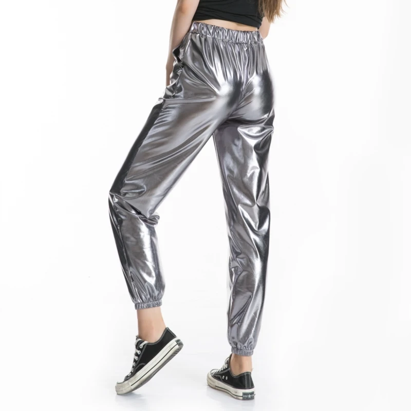 Women Shiny Holographic Pants Loose High Waist Metallic Trousers Dance Performance Hip Hop Pants Streetwear Joggers