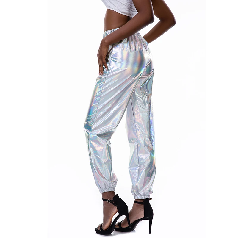 Women Shiny Holographic Pants Loose High Waist Metallic Trousers Dance Performance Hip Hop Pants Streetwear Joggers