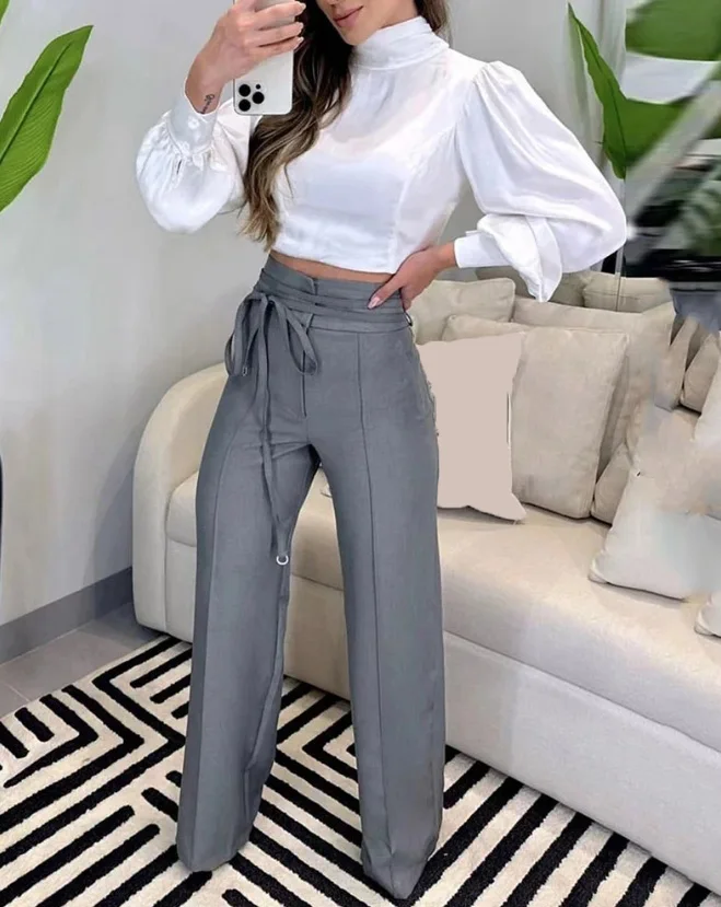 Women Fashion Tied Detail Straight Leg Work Pants Khaki Female High Waist Office Lady Elegant Long Trousers 2023 Autumn Clothing