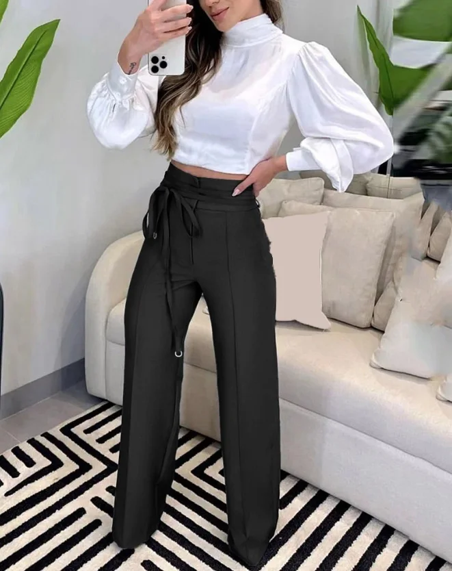 Women Fashion Tied Detail Straight Leg Work Pants Khaki Female High Waist Office Lady Elegant Long Trousers 2023 Autumn Clothing