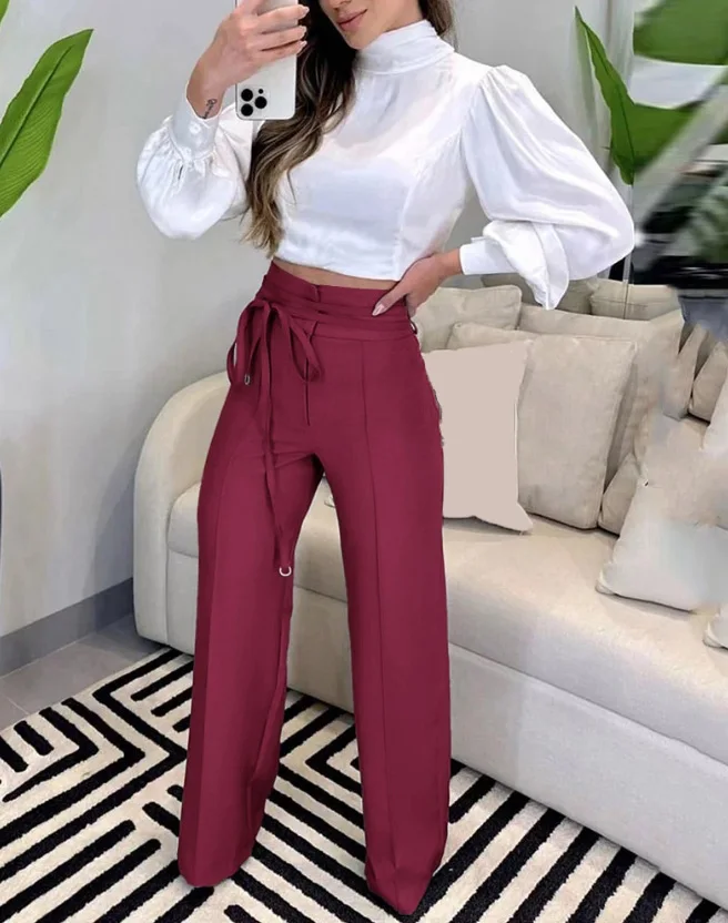 Women Fashion Tied Detail Straight Leg Work Pants Khaki Female High Waist Office Lady Elegant Long Trousers 2023 Autumn Clothing