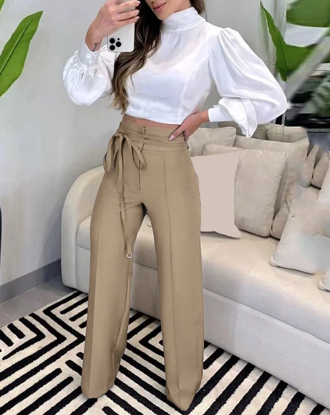 Women Fashion Tied Detail Straight Leg Work Pants Khaki Female High Waist Office Lady Elegant Long Trousers 2023 Autumn Clothing