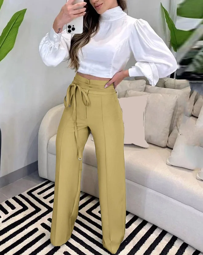 Women Fashion Tied Detail Straight Leg Work Pants Khaki Female High Waist Office Lady Elegant Long Trousers 2023 Autumn Clothing