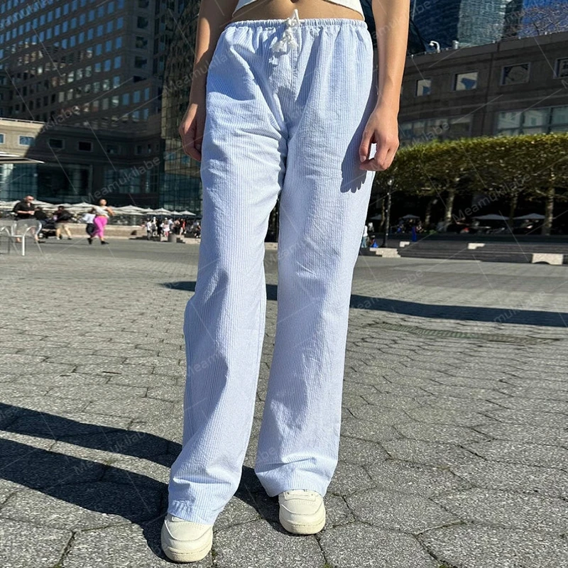 Y2K Vintage Striped Loose Pants Comfy Loung Pants Streetwear Casual Tie Up Waist Wide Leg Trousers Women Pajamas Sleepwear