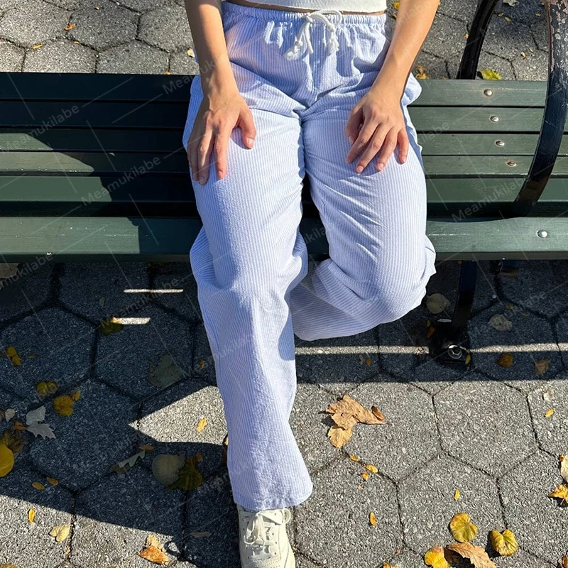 Y2K Vintage Striped Loose Pants Comfy Loung Pants Streetwear Casual Tie Up Waist Wide Leg Trousers Women Pajamas Sleepwear