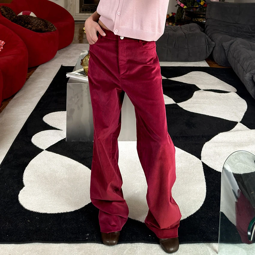Linad Autumn Street Chic Red Corduroy Trousers Female Vintage Zipper Straight Pant Women 2026 Office Lady Slim Long Pants Button