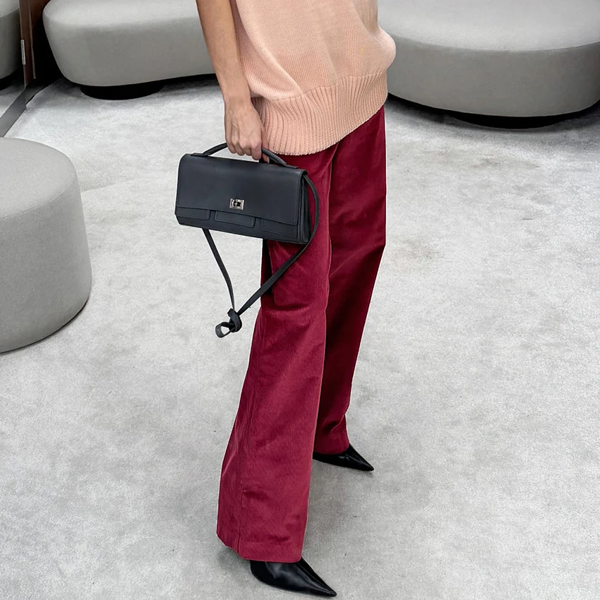 Linad Autumn Street Chic Red Corduroy Trousers Female Vintage Zipper Straight Pant Women 2026 Office Lady Slim Long Pants Button