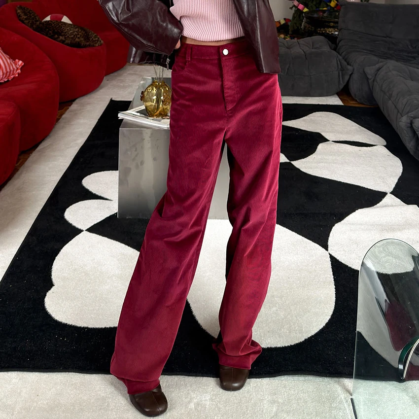 Linad Autumn Street Chic Red Corduroy Trousers Female Vintage Zipper Straight Pant Women 2026 Office Lady Slim Long Pants Button