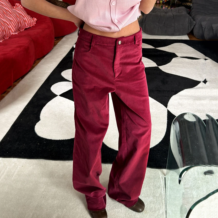 Linad Autumn Street Chic Red Corduroy Trousers Female Vintage Zipper Straight Pant Women 2026 Office Lady Slim Long Pants Button