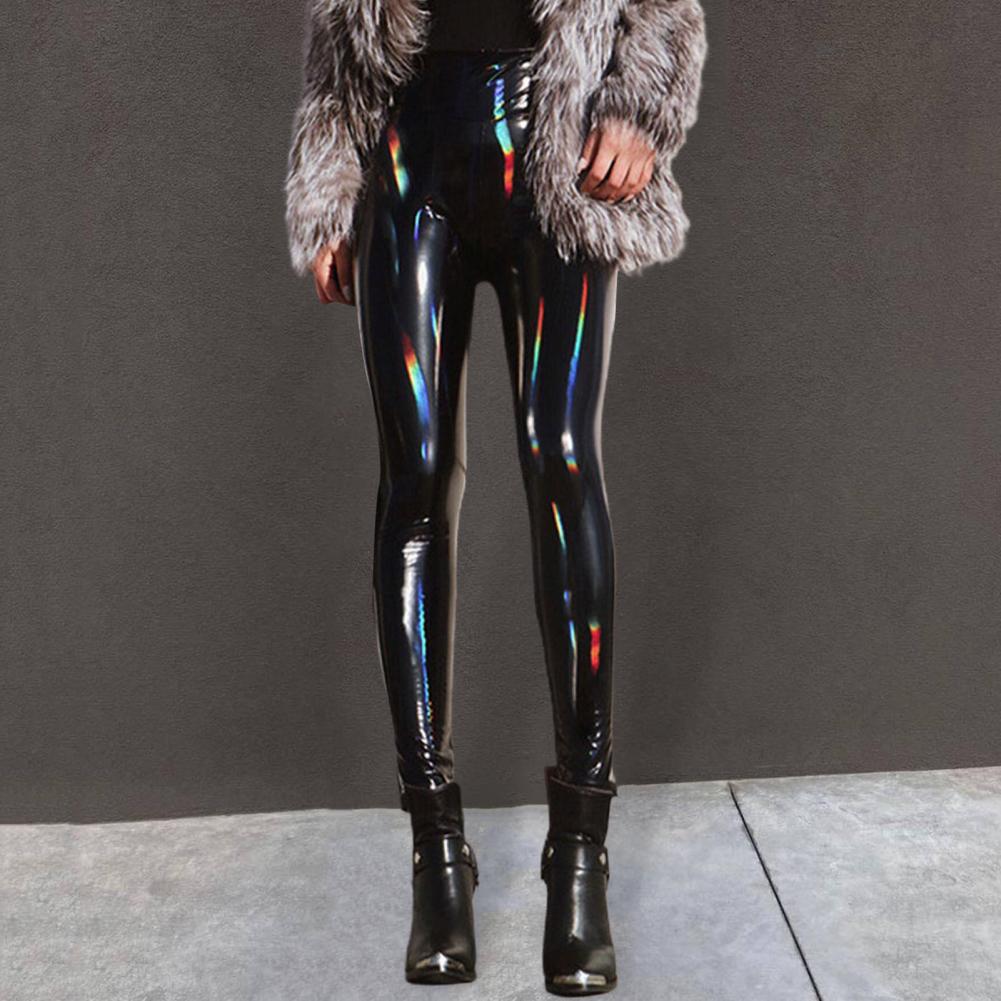 Sexy Shinny Women Leather Pants High Waist Mirror Slim Black Trousers Night Club Pencil Pants PU