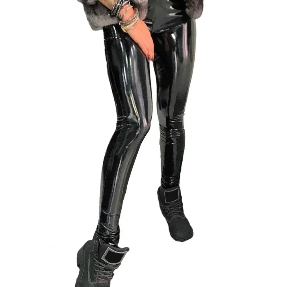 Sexy Shinny Women Leather Pants High Waist Mirror Slim Black Trousers Night Club Pencil Pants PU