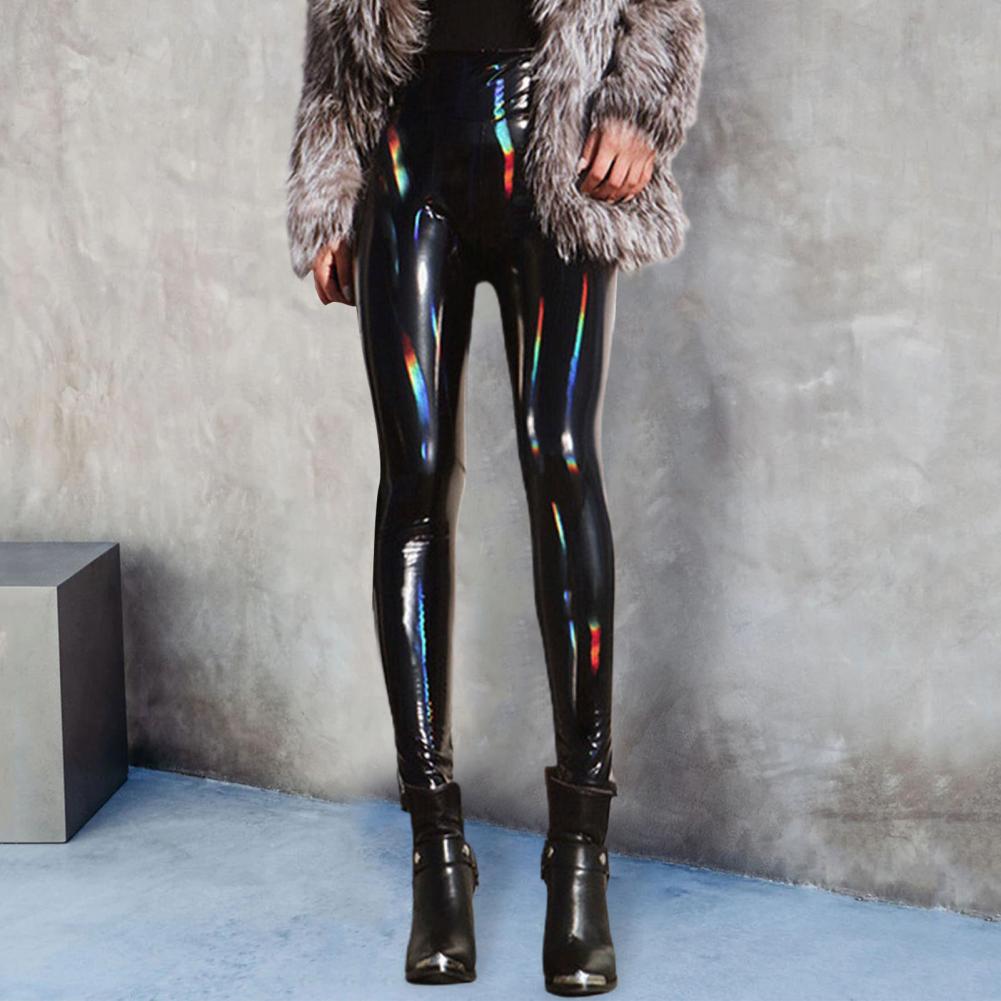 Sexy Shinny Women Leather Pants High Waist Mirror Slim Black Trousers Night Club Pencil Pants PU