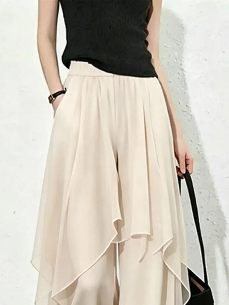 Limiguyue Casual Mesh Splice Wide Legs Pants Women Summer Trendy Elastic Waist Irregular Thin Long Trousers Elegant Soft 220B