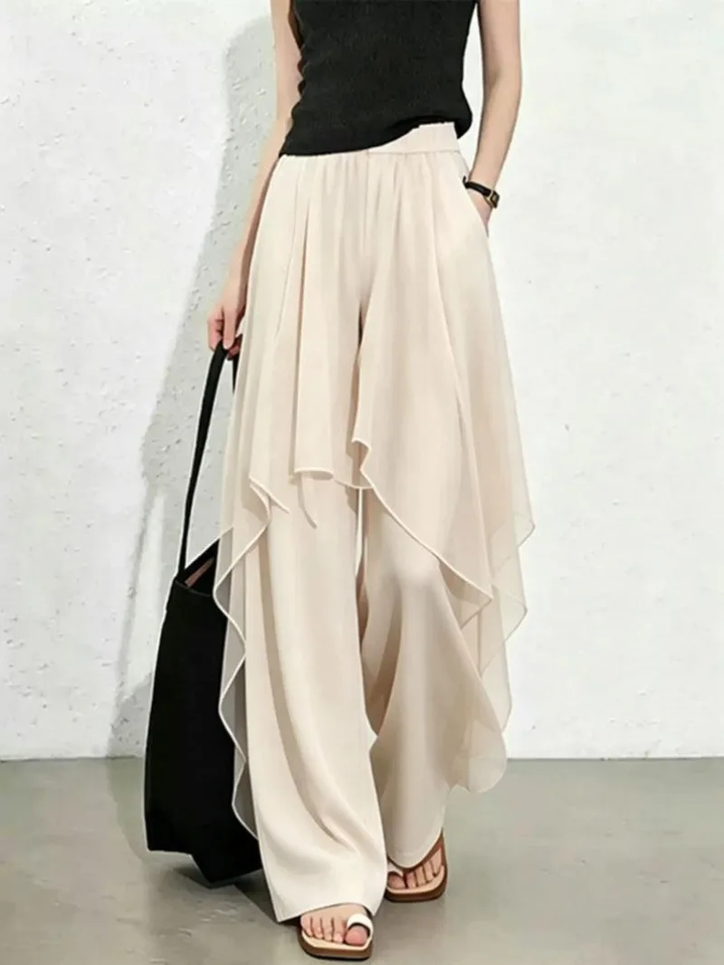 Limiguyue Casual Mesh Splice Wide Legs Pants Women Summer Trendy Elastic Waist Irregular Thin Long Trousers Elegant Soft 220B